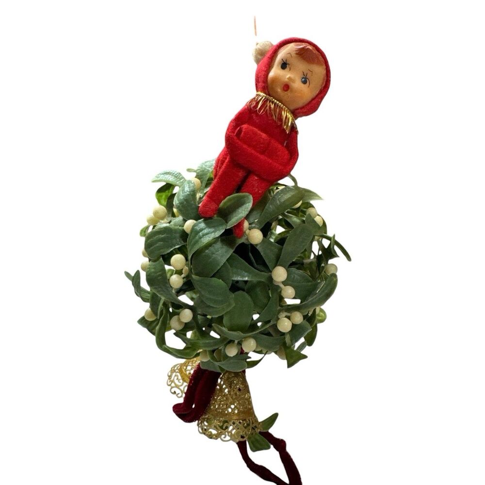 Vintage 50s Mistletoe Kissing Ball With Elf Pixie Christmas Decor Kitschy Japan